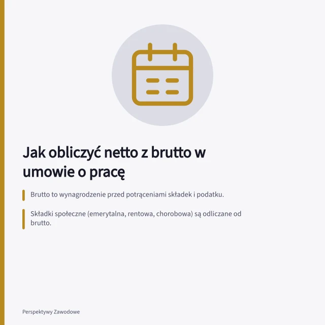 Jak obliczyć netto z brutto w umowie o pracę: Brutto to wynagrodzenie przed potrąceniami składek i podatku.; Składki społeczne (emerytalna, rentowa, chorobowa) są odliczane od brutto.; Składka zdrowotna wynosi 9% podstawy po odjęciu składek społecznych. Jak obliczyć wynagrodzenie netto z brutto w umowie o pracę