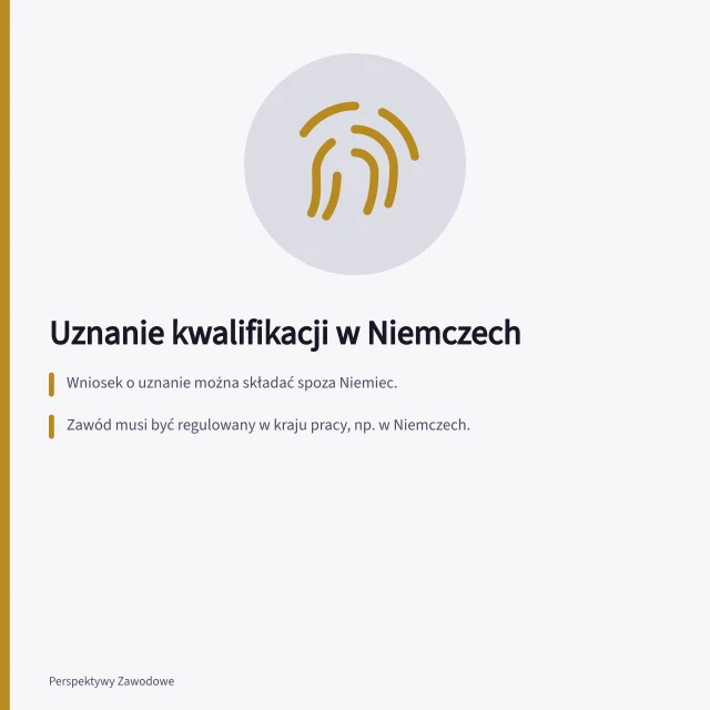 Uznanie kwalifikacji w Niemczech: Wniosek o uznanie można składać spoza Niemiec.; Zawód musi być regulowany w kraju pracy, np. w Niemczech.; Oficjalna decyzja określa równoważność z niemieckim zawodem porównywalnym. Uznawanie kwalifikacji i uprawnień zawodowych: jak sprawdzić wymagania